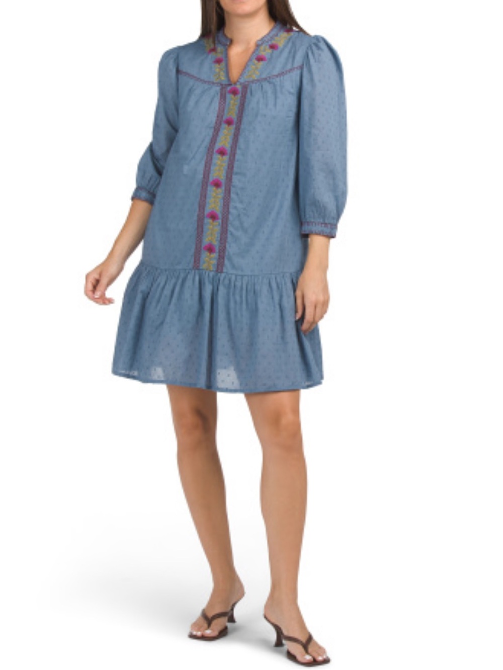 LONDON TIMES Flounce Hem Embroidered Mini Swing Dress